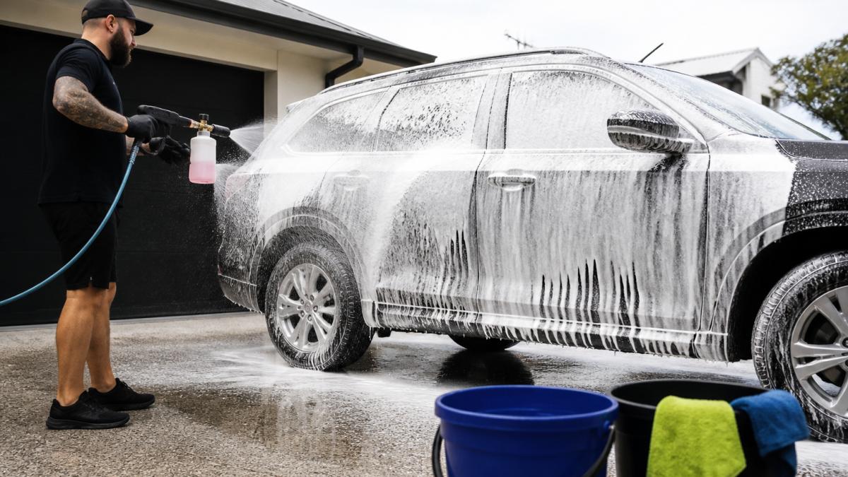 A professional detailer in a clean uniform using a foam cannon to pre-soak a mid-size SUV in a well-lit driveway, with buckets and microfibre cloths visible in the foreground