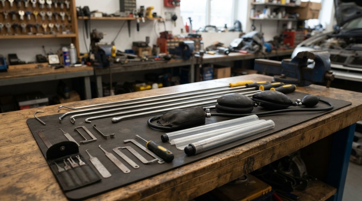 Professional locksmith tools laid out on workbench including long-reach tools with various tip profiles, air wedges, protective sleeves, and stainless steel components in organized arrangement