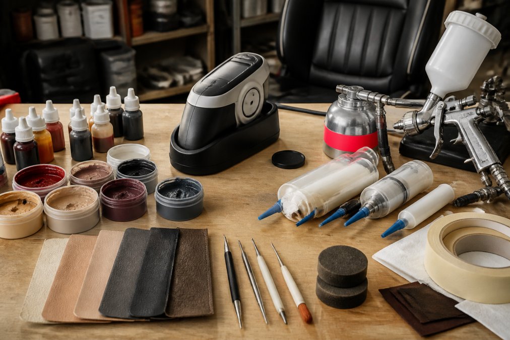 Professional colour matching tools arranged on workbench including material-specific colour spectrometer with calibration modes, leather dyes, vinyl adhesives, plastic fillers, spray application equipment, and finishing supplies in natural workshop lighting