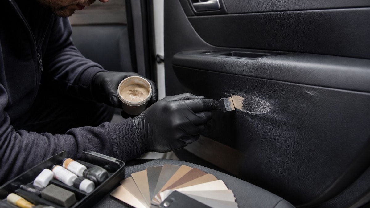 Close-up of a technician's gloved hands applying colour-matched filler to a scuffed plastic door card inside a car, with a small tool kit and colour swatches on the seat beside them