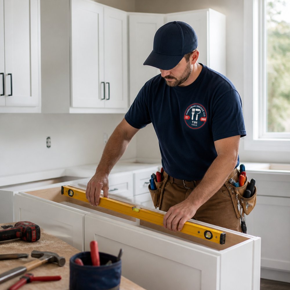 Professional carpenter installing white shaker-style cabinets in a bright modern kitchen, using a level on a workbench with tools nearby