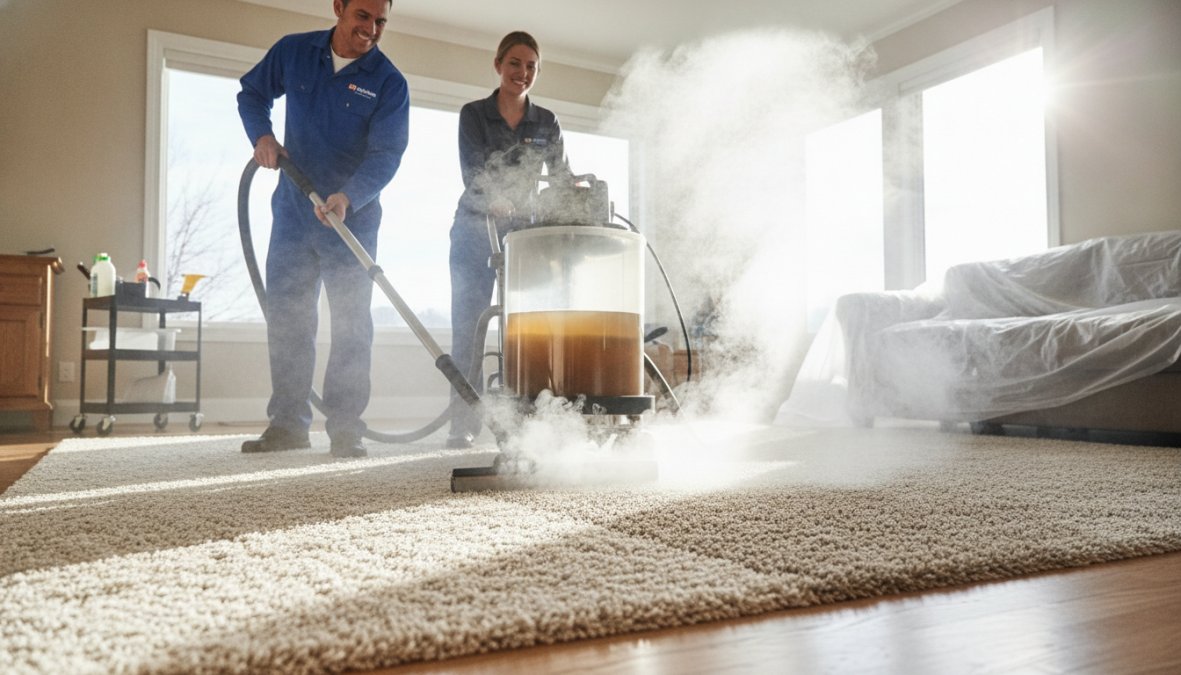 A professional carpet cleaning technician in a blue uniform operating a truck-mounted hot water extraction hose on a beige residential carpet in a sunlit living room, with visible steam rising from the carpet fibers and a cleaning wand pressed firmly against the pile
