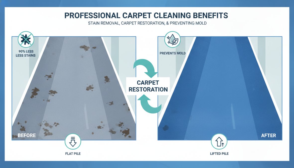 A high-traffic residential hallway carpet photographed from above, one half visibly matted, grey, and stained with foot traffic marks, the other half freshly cleaned with bright, lifted pile and restored color, showing the dramatic contrast between the two states under warm overhead lighting