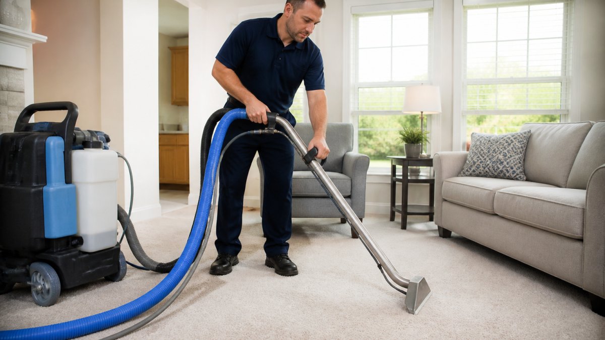 Professional carpet cleaning technician using state-of-the-art hot water extraction equipment on residential carpet, with visible hoses and cleaning solution dispenser, in a modern living room with natural light from windows