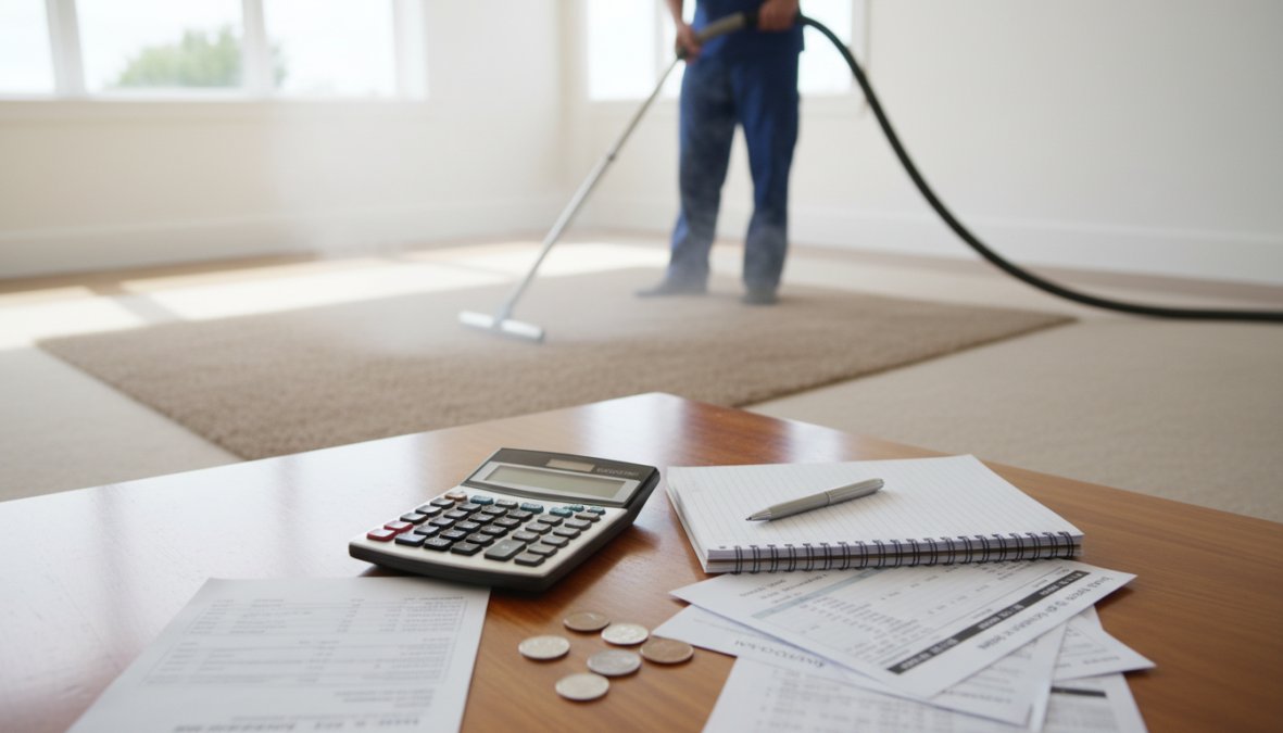 A professional carpet cleaning technician in a clean uniform guiding a truck-mounted hot water extraction hose across neutral-toned living room carpet, warm natural light streaming through large windows