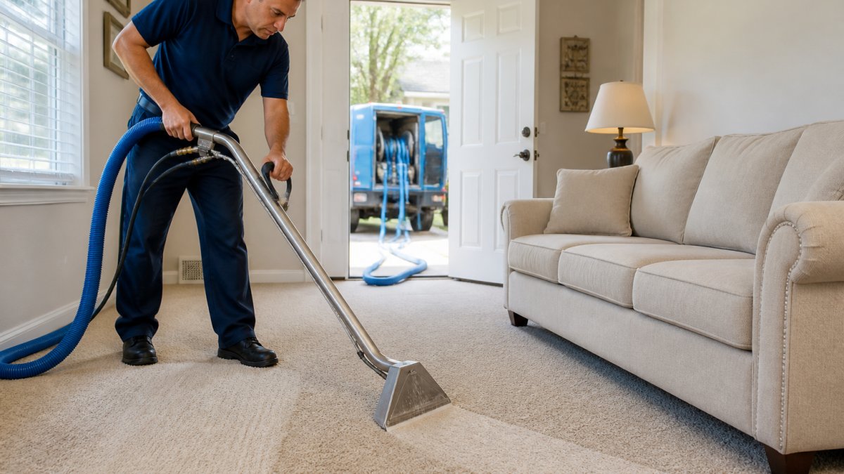 Professional carpet cleaning technician using truck-mounted extraction equipment on residential carpet with visible water extraction and allergen removal