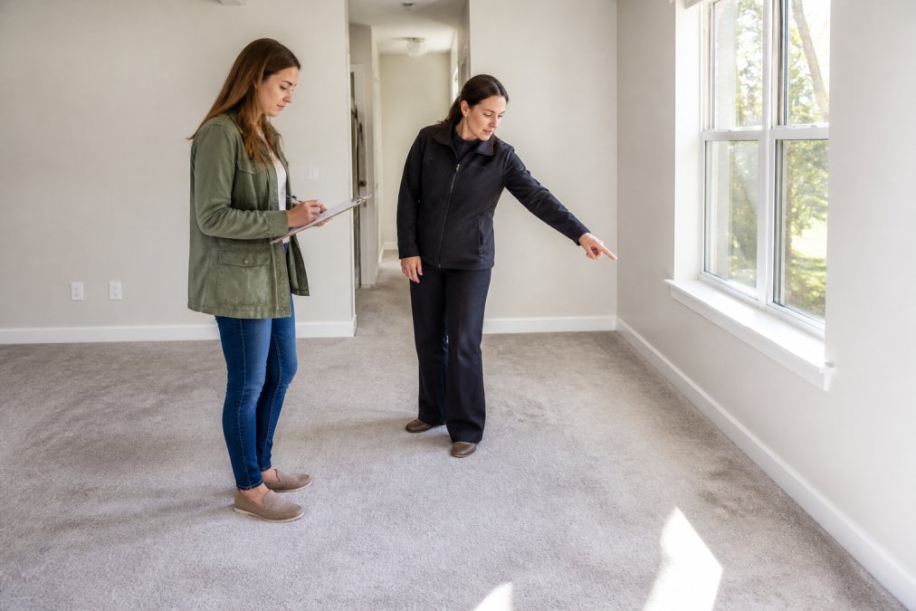 A tenant walking through an empty apartment with a clipboard, inspecting the carpet while a property manager points out a spot near the window, natural afternoon light streaming through bare windows