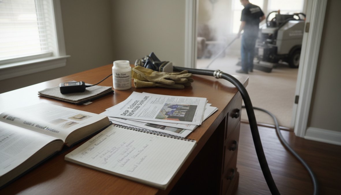 A carpet cleaning technician in a residential living room directing a professional truck-mounted hot water extraction hose at a carpet, with steam visible and professional equipment hoses running through the front door, bright daylight from windows