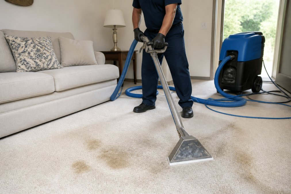 Professional carpet cleaning technician operating truck-mounted hot water extraction equipment on residential carpet with visible pet stains, hose and nozzle in action on light-colored carpet in a living room