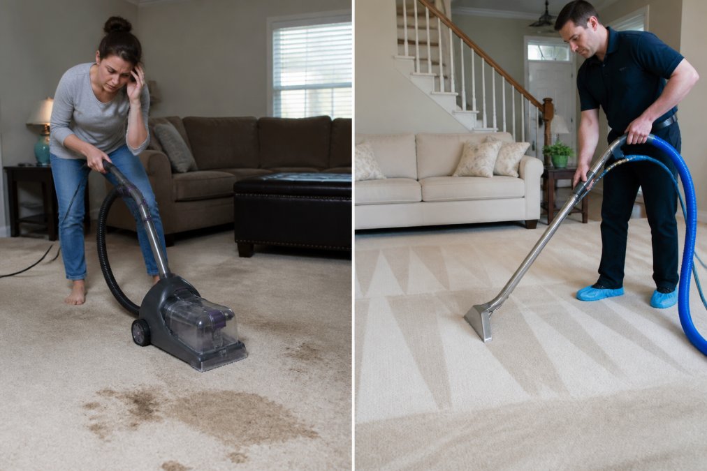 Homeowner struggling with bulky rental carpet cleaning machine in living room with visible remaining stains on light carpet and damp patches