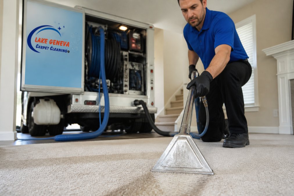 Professional carpet cleaning technician operating truck-mounted hot water extraction equipment on residential carpeting, with visible water and cleaning solution being applied and extracted from carpet fibers