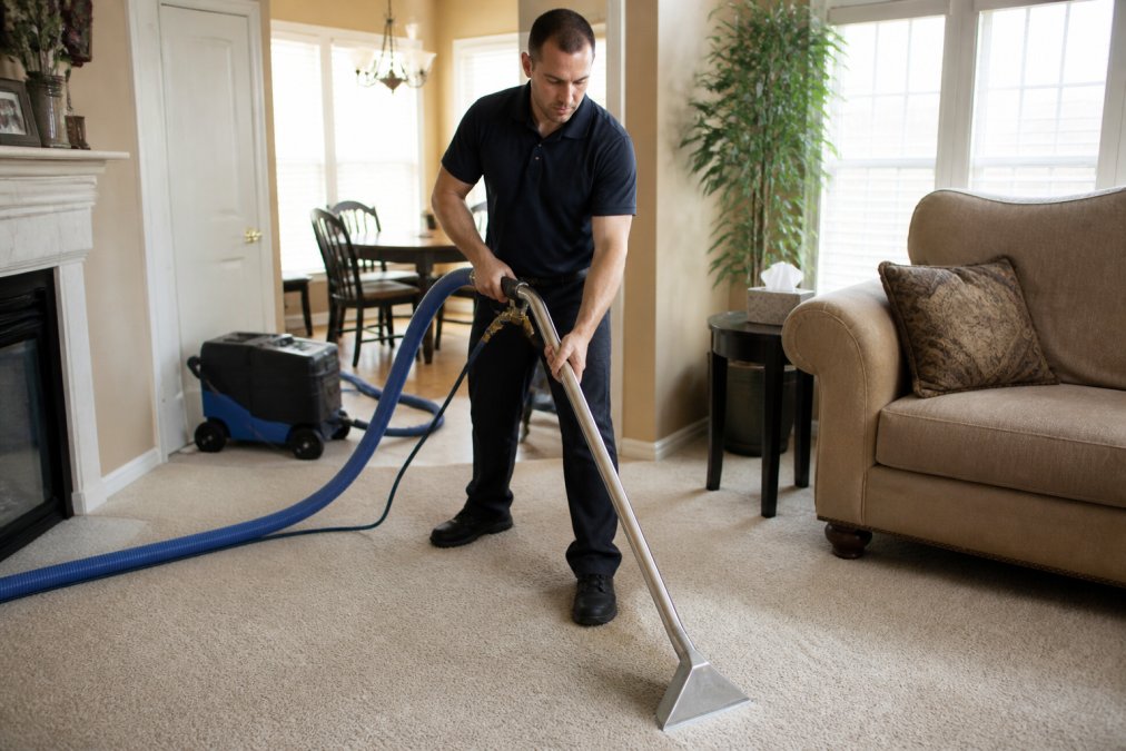 Professional technician operating professional-grade hot water extraction equipment with hose and spray wand on residential carpet in living room setting