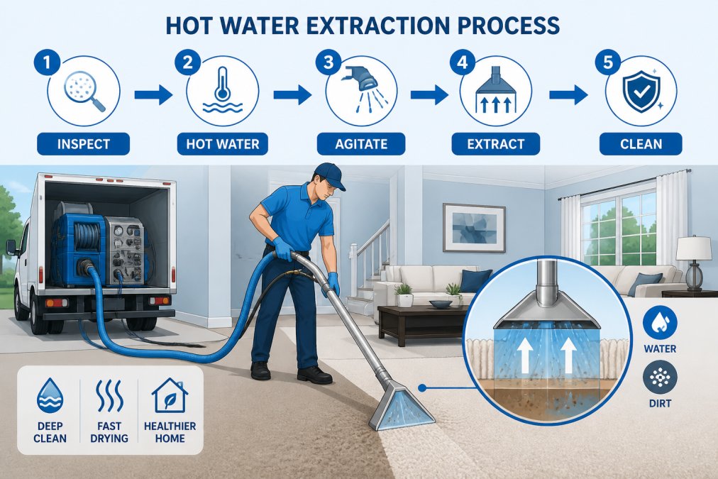 Professional technician operating truck-mounted extraction equipment on residential carpet, showing hot water extraction in action with visible moisture removal and deep cleaning process in a modern home setting
