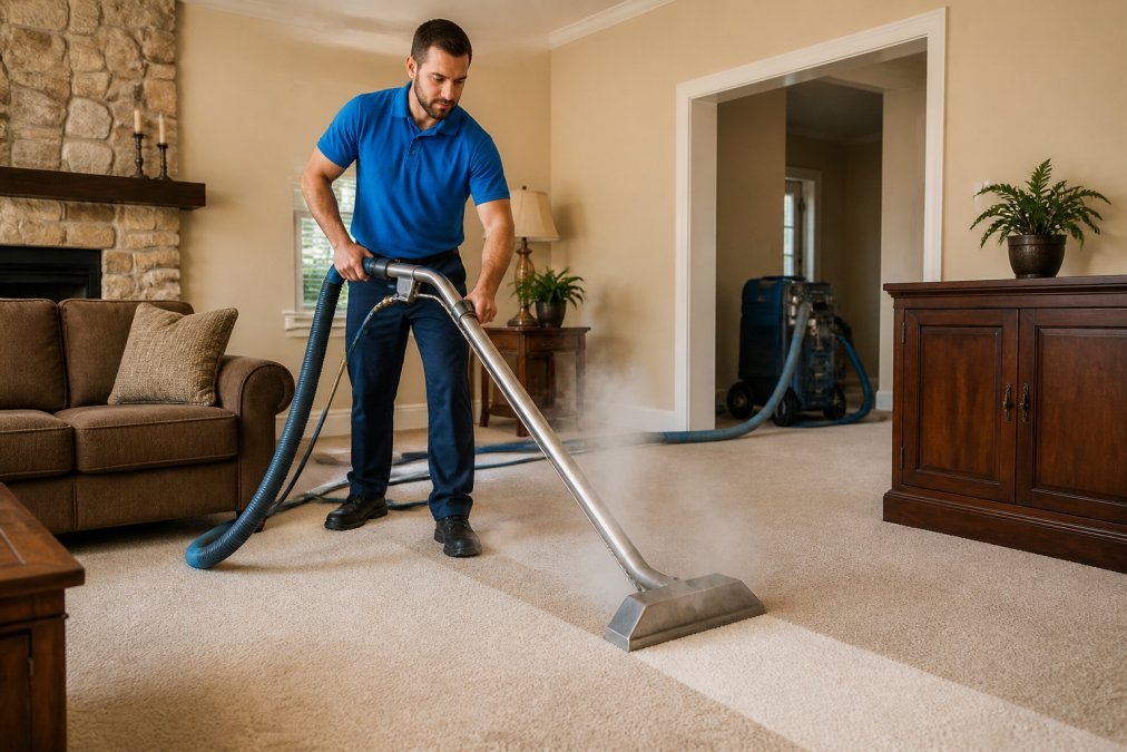 A professional carpet cleaning technician in a blue uniform guiding a large truck-mounted extraction wand across a beige residential carpet, with visible steam rising and a clean path of restored pile behind the tool, photographed in warm afternoon interior lighting