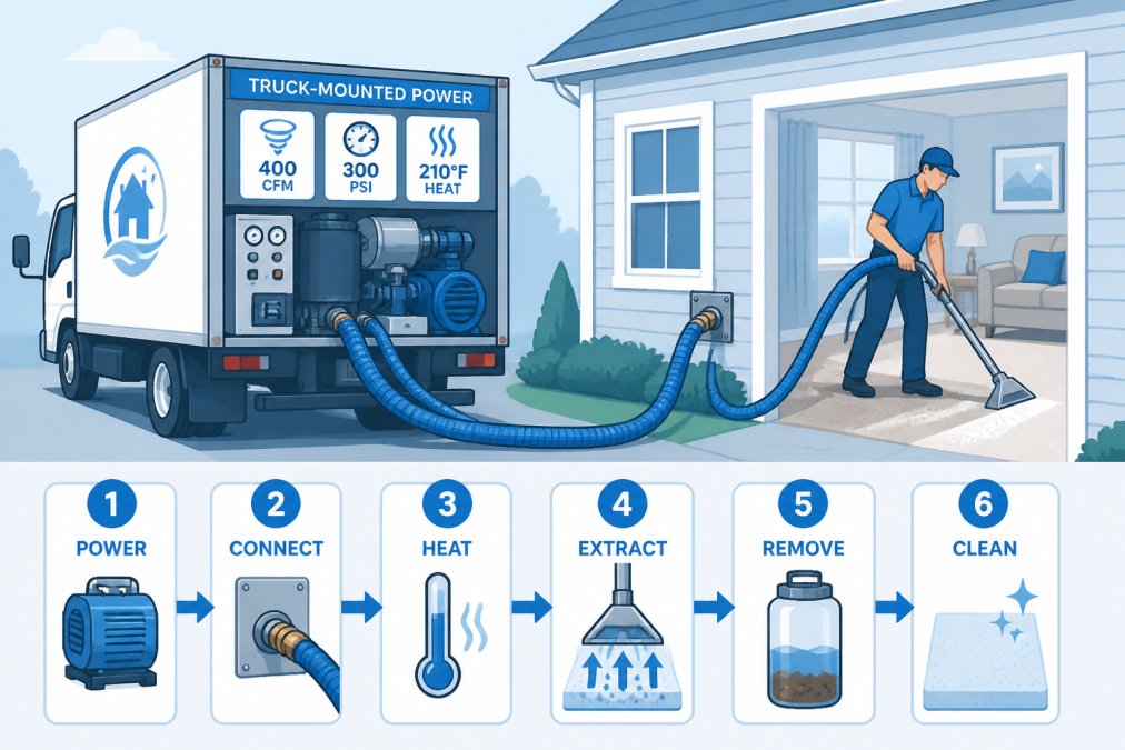 Professional technician operating truck-mounted carpet extraction equipment with industrial hoses connected to a residential home, showing the powerful machinery and extraction process in action