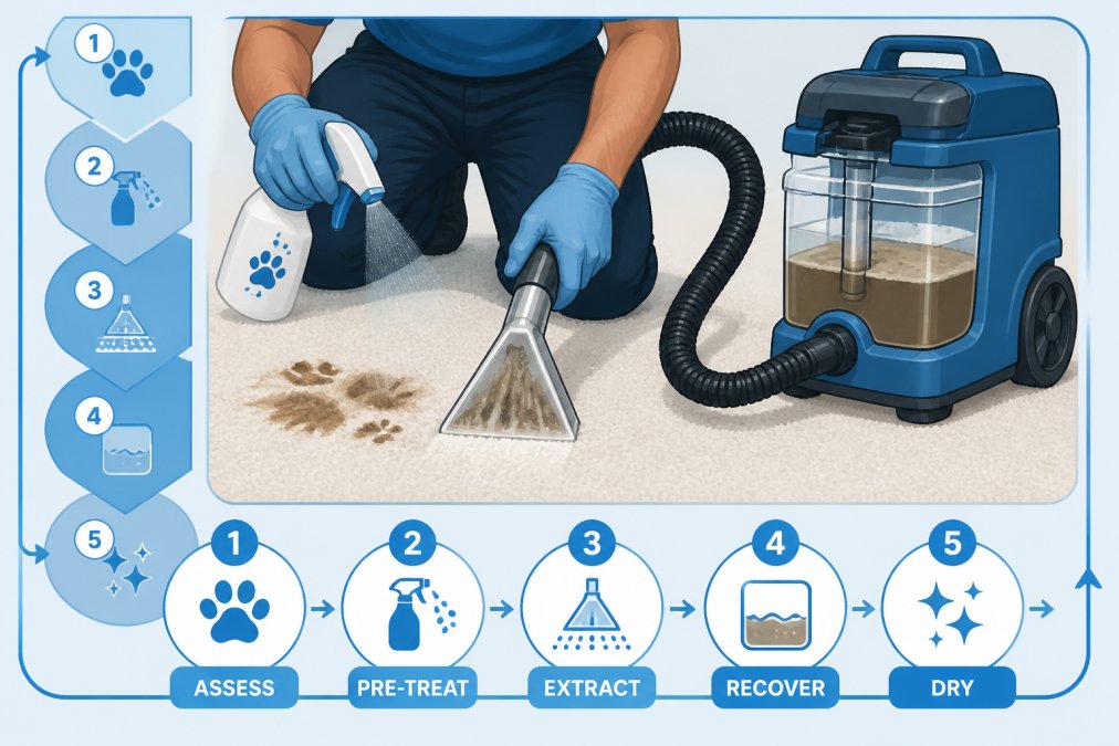 Close-up of a professional technician treating a visible pet stain on light-colored carpet with pre-treatment solution, showing the extraction equipment removing soiled water into a recovery tank during the cleaning process