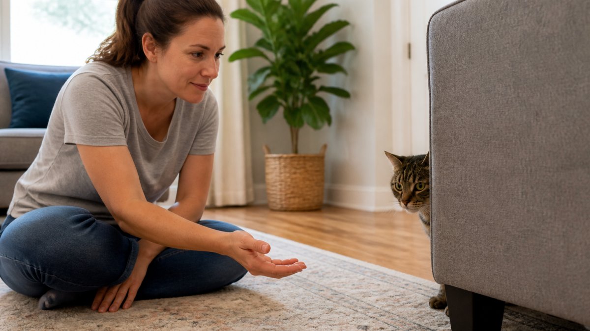 Professional cat sitter sitting calmly on the floor of a home living room, gently extending hand toward a shy tabby cat peeking from behind furniture, showing patient trust-building interaction with natural window lighting