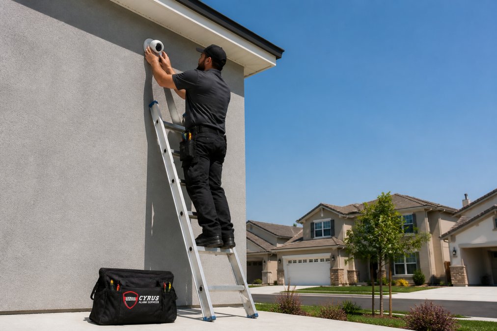 Technician installing a security camera on a home wall to manage CCTV installation cost factors