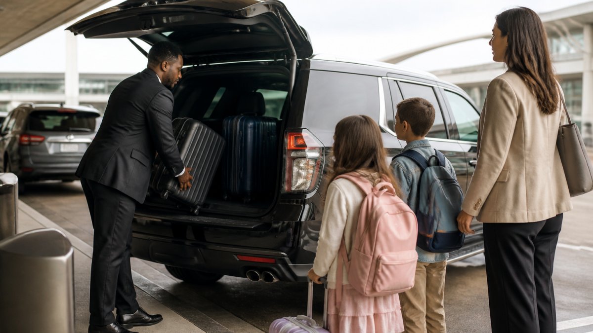 A professional chauffeur in a dark suit loading suitcases into the trunk of a black SUV at an airport curbside pickup area while a family with two children waits nearby