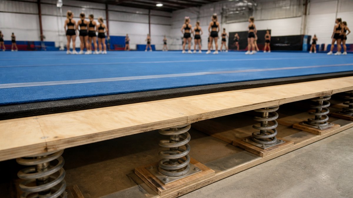 Professional spring floor system with visible power springs and Baltic birch construction in a cheerleading gym, with athletes training in background