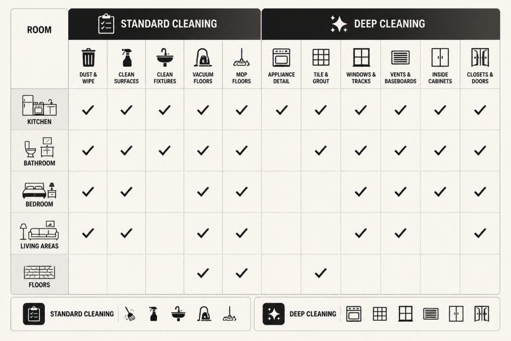 Comparison matrix showing standard cleaning tasks versus deep cleaning tasks across apartment rooms (kitchen, bathroom, bedroom, living areas, floors) with checkmarks and specific areas covered