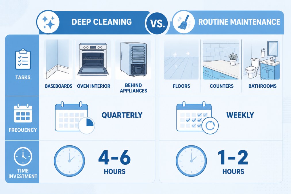 Comparison matrix of deep cleaning versus routine maintenance: tasks include baseboards, oven interior, and behind appliances for deep cleaning versus floors, counters, and bathrooms for maintenance; frequency is quarterly versus weekly; time investment is 4-6 hours versus 1-2 hours