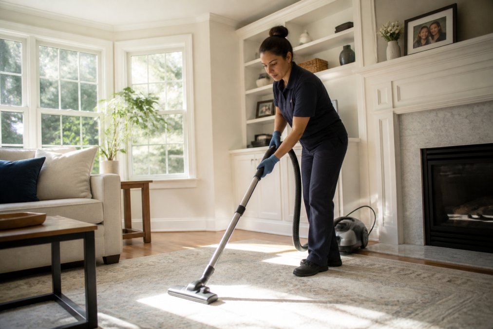 Professional cleaner using a HEPA vacuum for professional cleaning of a living room rug in a bright home.