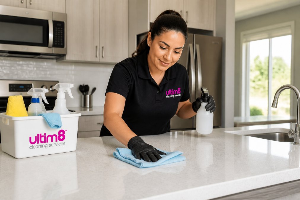 Professional cleaner in uniform using microfiber cloth to detail a kitchen countertop with organized cleaning supplies nearby, bright natural lighting in modern rental kitchen