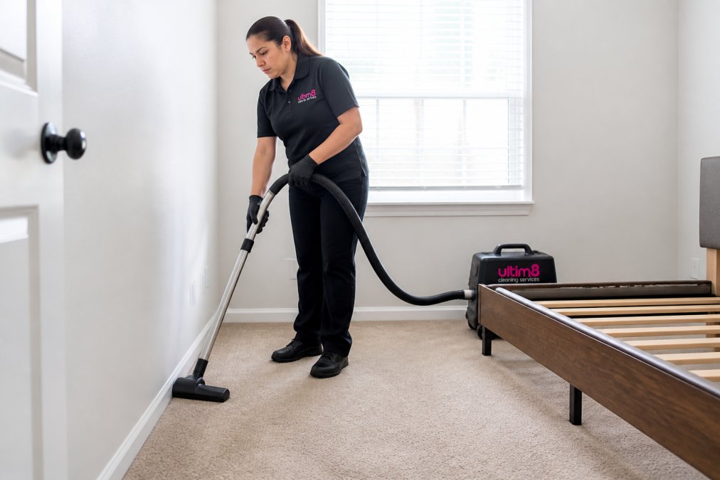 Cleaning professional vacuuming an empty bedroom with bright natural light, showing meticulous attention to detail in corners and under furniture in a rental property