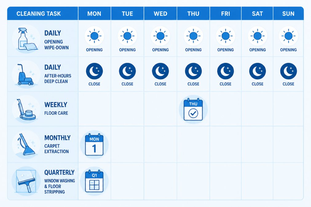 Timeline showing a retail cleaning schedule across a week: daily opening wipe-down, after-hours deep clean, weekly floor care, monthly carpet extraction, quarterly window washing and floor stripping