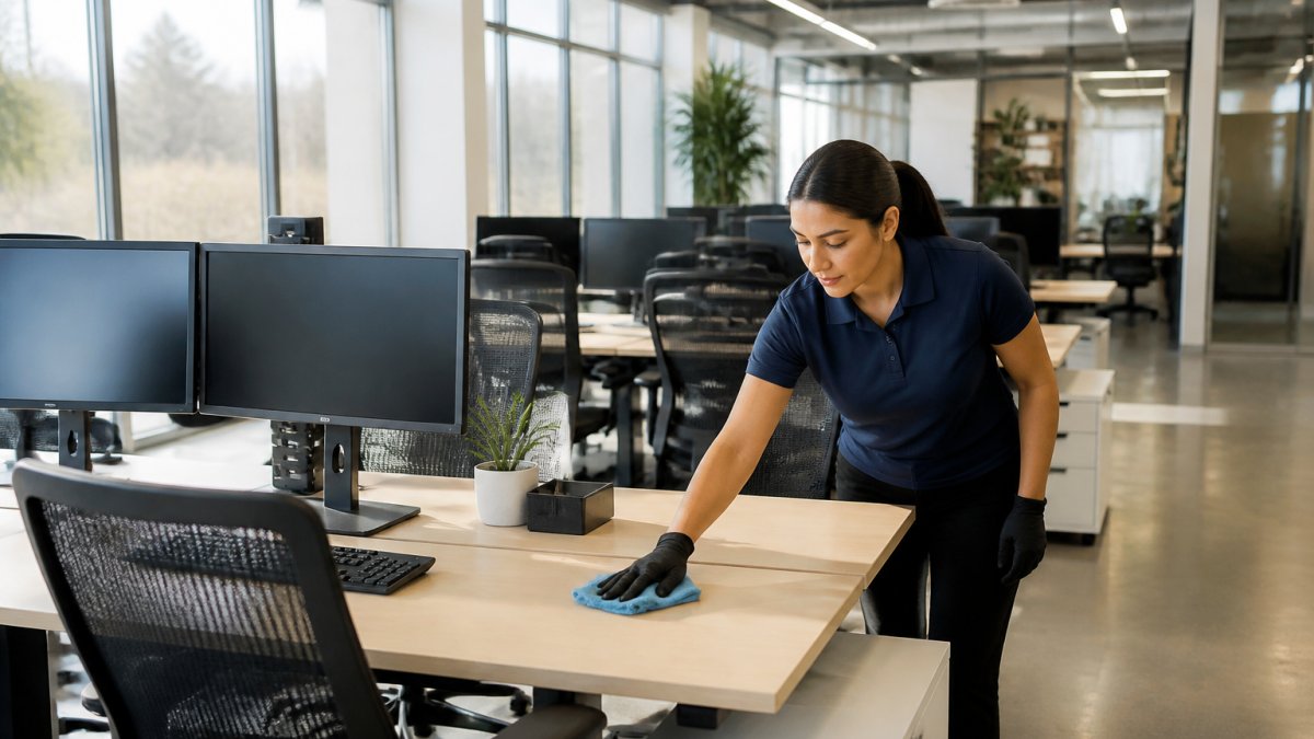 A professional cleaner in a branded polo wiping down a shared desk in a bright open-plan tech office, multiple monitors and ergonomic chairs visible in the background, soft morning light through large windows