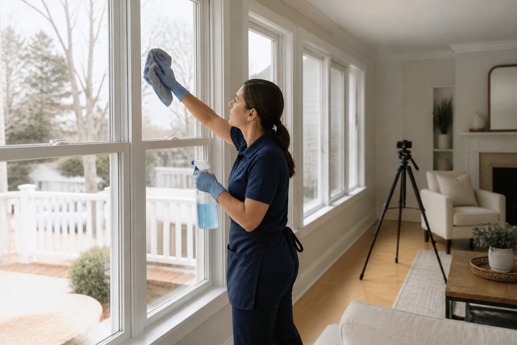 Professional cleaner polishing a living room window for real estate photos while a camera tripod stands nearby.