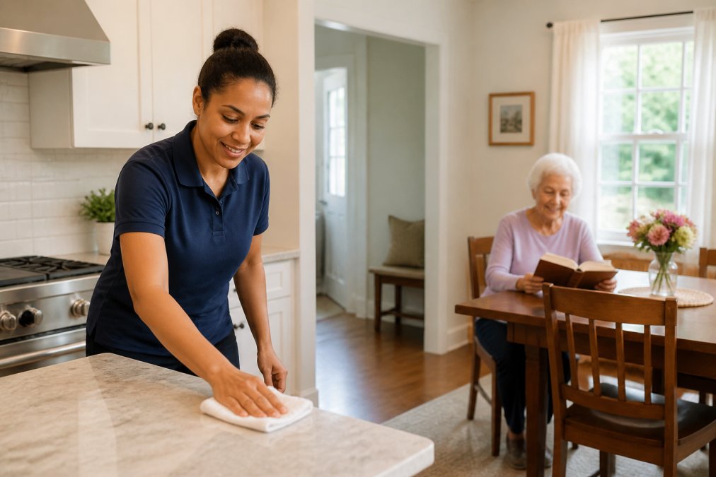 A professional cleaner in a uniform wiping down a kitchen counter while an older woman sits comfortably at the table, smiling and reading a book in a bright, tidy home