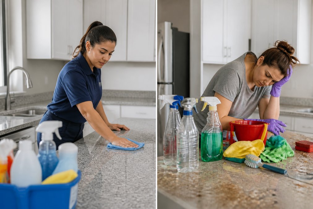 A professional cleaner in a uniform wiping down a kitchen counter in a bright, empty apartment, with a caddy of cleaning supplies in the foreground