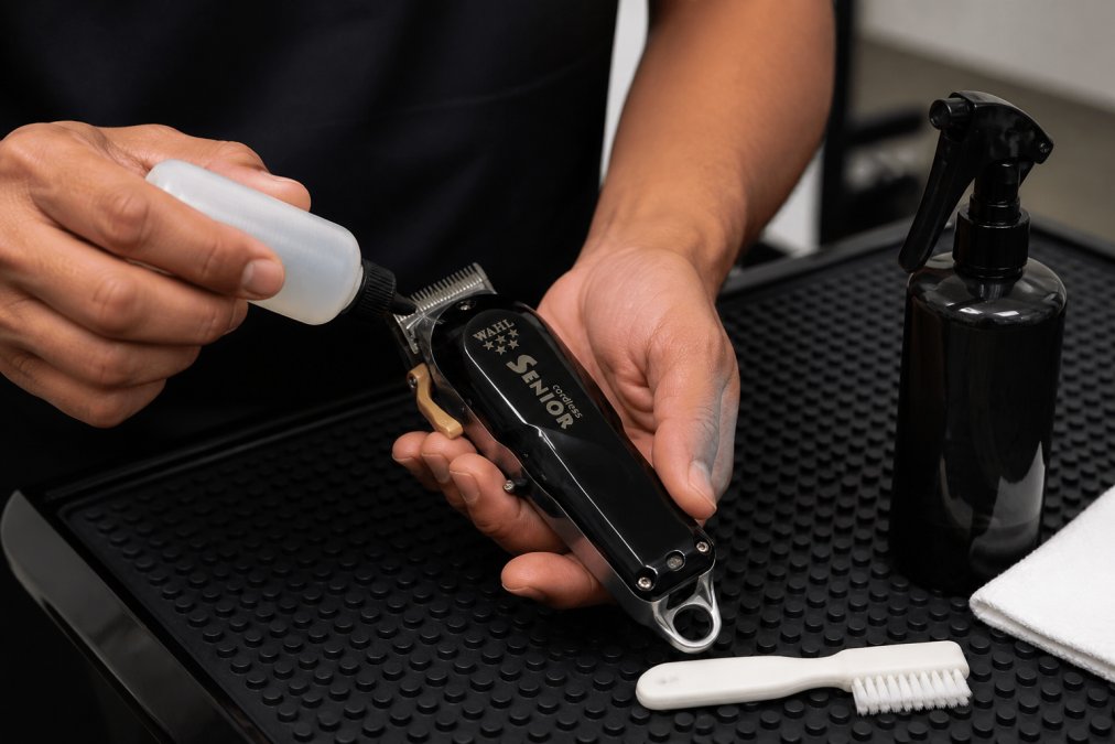 Close-up of hands performing professional barber clipper maintenance with blade oil and sanitation spray at a barber station, showing proper cleaning technique with natural lighting