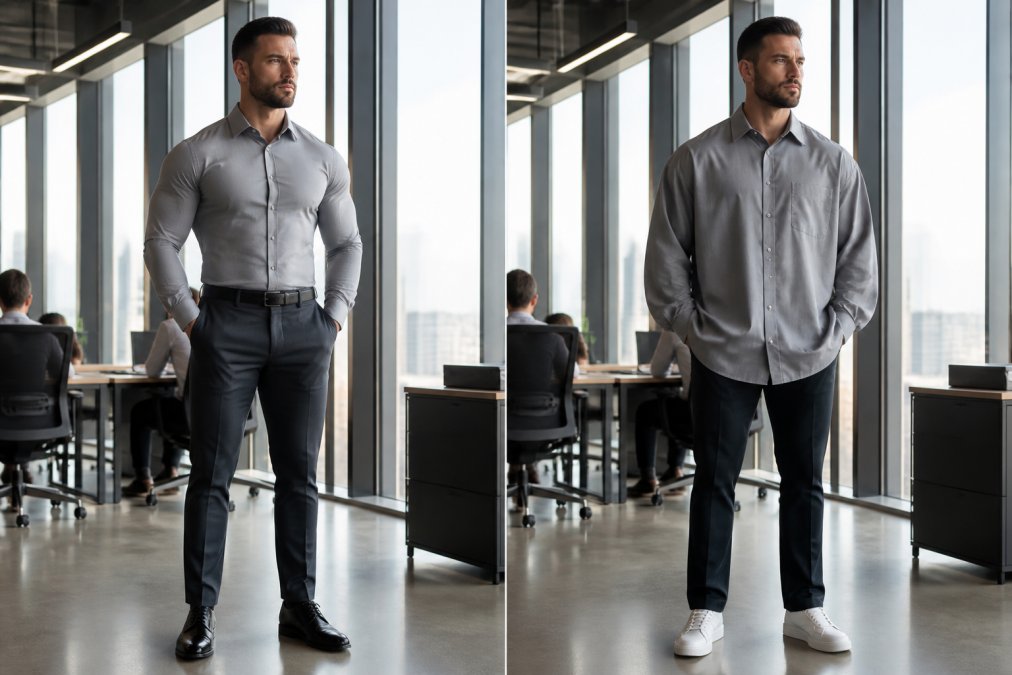 A muscular man wearing a fitted grey shirt and tailored dark trousers standing confidently in a modern open-plan office, floor-to-ceiling windows with soft daylight behind him, colleagues blurred in the background