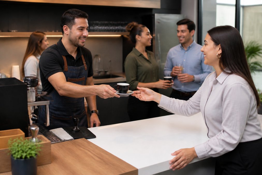 Professional barista serving espresso to a smiling employee in a modern office, highlighting coffee service vs office