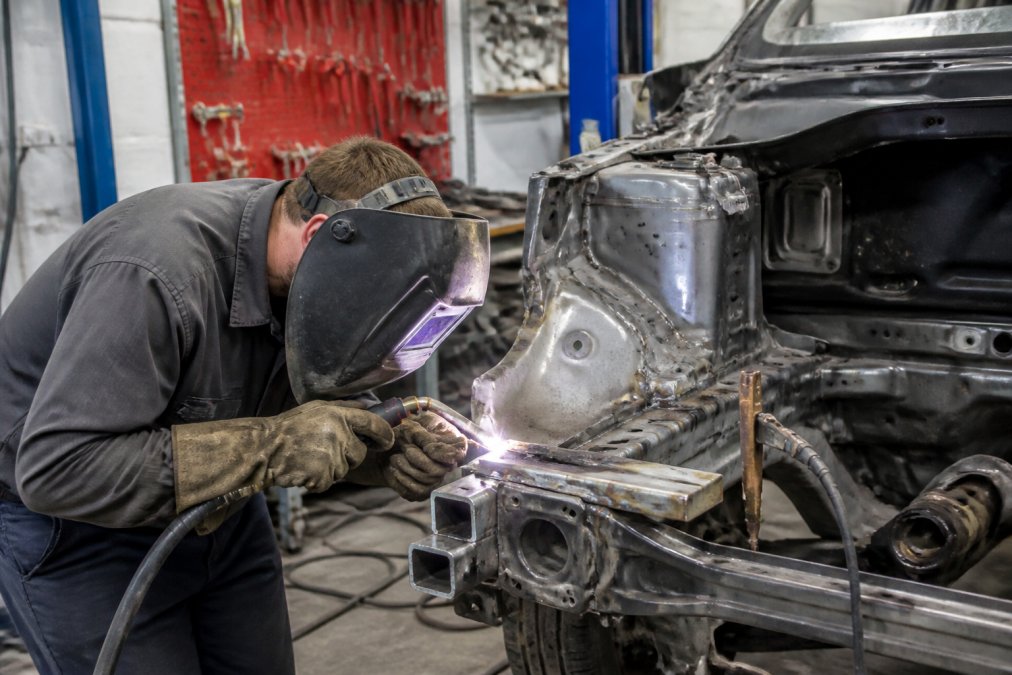 Professional auto body technician using precision welding equipment on a vehicle frame, with specialized tools organized on workbench in background