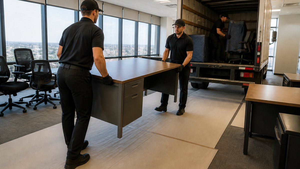 Uniformed crew loading office furniture into a truck for a commercial office cleanout service.
