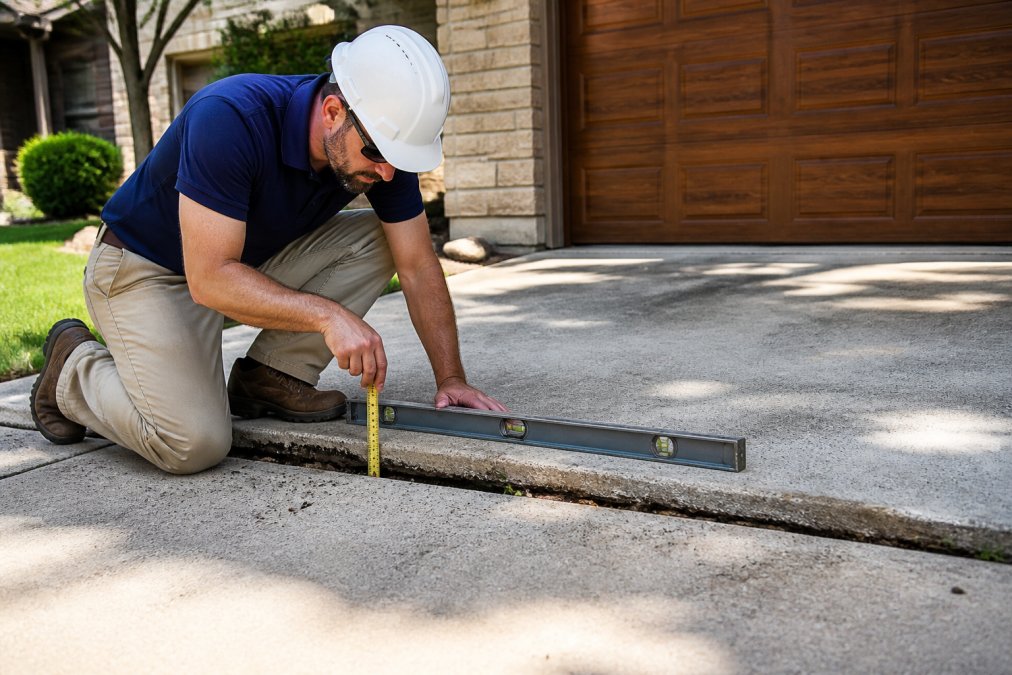 Professional concrete contractor or inspector examining a sunken and uneven concrete driveway section with measuring tools and level in bright daylight, assessing damage severity