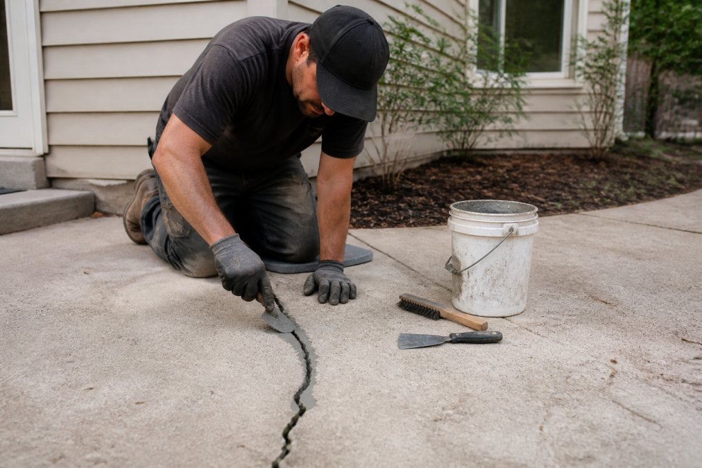 A concrete contractor in work clothes kneeling on a residential patio, applying crack filler to a wide crack with a trowel, with repair tools and a bucket nearby in daylight