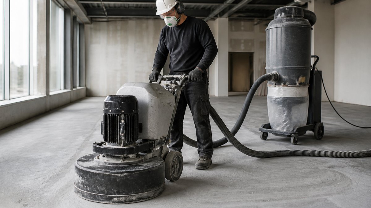Professional contractor operating a large floor grinding machine on concrete surface in commercial project, with dust extraction equipment visible and safety gear worn, bright industrial lighting