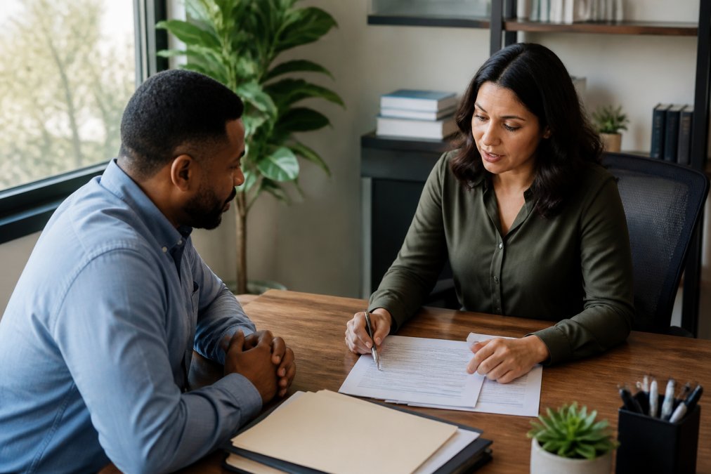 Financial counselor and client meeting at desk reviewing credit reports and documents together in professional office setting with natural window lighting