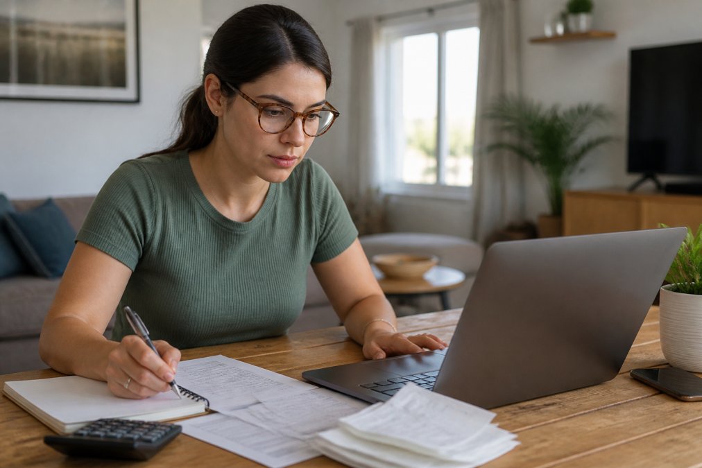 Person at home on laptop researching credit counseling options with documents and notepad on desk in natural home office setting