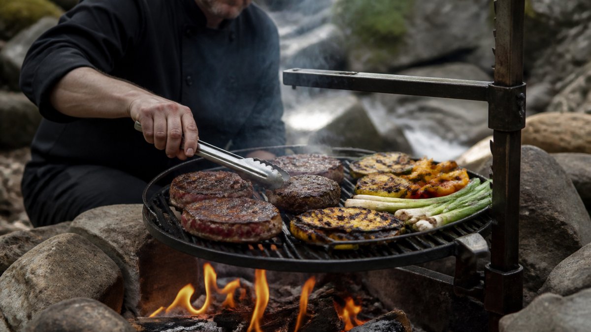 Chef searing a thick-cut steak and charred vegetables over an active campfire with glowing embers and rising smoke