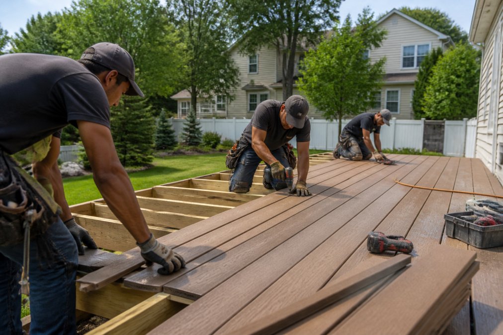 A crew of deck builders in work clothes installing composite decking boards on a backyard deck frame, with tools and materials visible, sunny suburban backyard setting