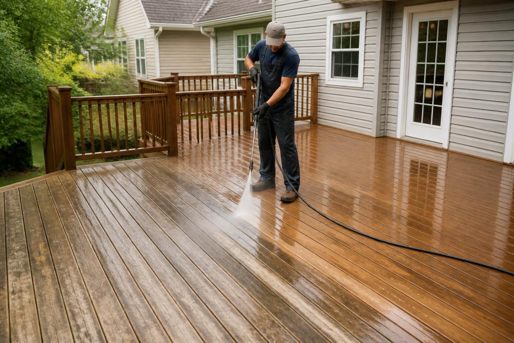 A professional pressure washing technician in safety gear cleaning a large wooden deck attached to a suburban home, with visible water spray and a clean strip contrasting with a dirty section