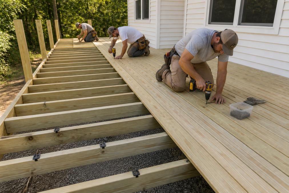 Professional contractor team installing pressure-treated deck boards on residential home, showing proper joist spacing and fastener systems during active construction with natural daylight