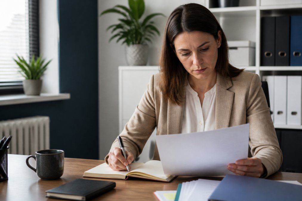 Administrative professional sitting at a desk with a notebook and pen, reviewing a development plan document with focused, thoughtful expression in a modern office environment
