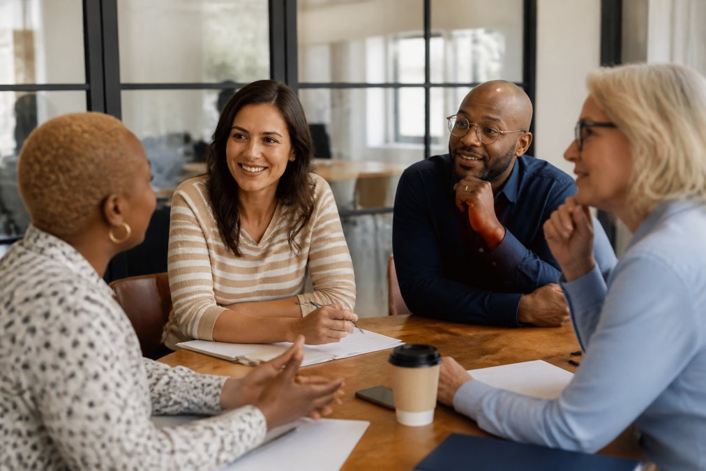 Diverse team of administrative professionals in a modern office setting, engaged in a discussion or team meeting, showing collaborative communication and active listening